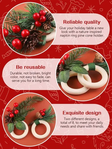 Miniatura 3 de Juego de 16 servilletas y anillos de Navidad, 8 hebillas de servilletas de Navidad y 8 servilletas de Navidad lavables rojas de tela con bayas rojas