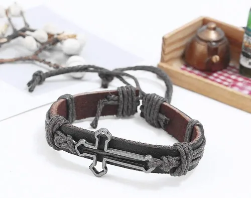 Miniatura 8 de brazalete negro con forma de cruz de cuero genuino para hombre