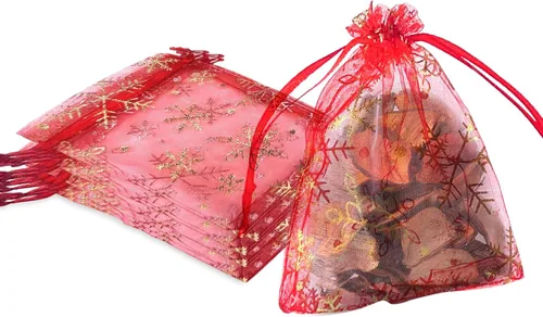 Miniatura 9 de 50 bolsas de organza de Navidad, 4 x 6 pulgadas, pequeñas bolsas de regalo de Navidad con cordón, bolsas de malla para regalo rojo (Red-christmas)