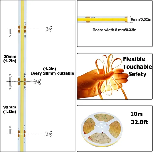 Miniatura 3 de Tira de luz LED COB de 32.8 pies (10M) 24 V, blanco cálido, 3000 K, 3840 LED, CRI 93+ 6800 lm, brillo uniforme, sin puntos, IP20, no impermeable