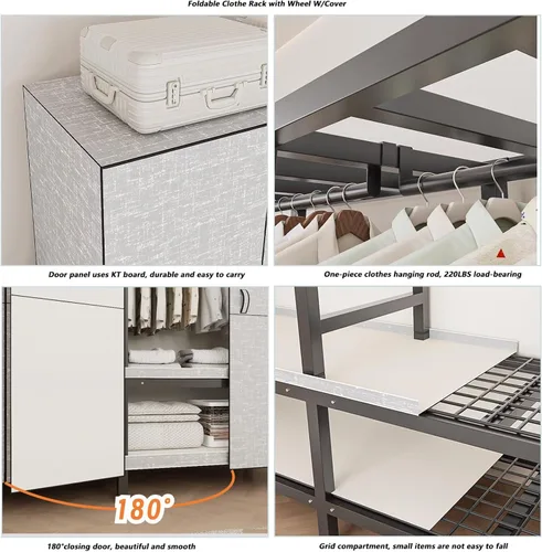 Miniatura 7 de Armario plegable portátil con ruedas, 2000 libras, perchero resistente con tapa, perchero de metal independiente para ropa, sistema