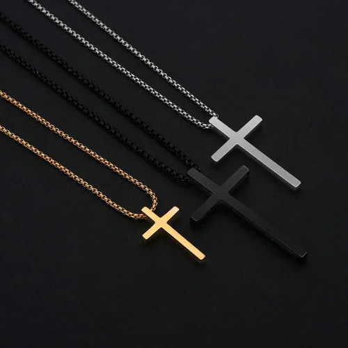 Miniatura 6 de M Mooham Collar con dije de cruz, acero inoxidable, para hombre, cadena de eslabones cuadrados de 16 a 30 pulgadas, plateado, negro, dorado