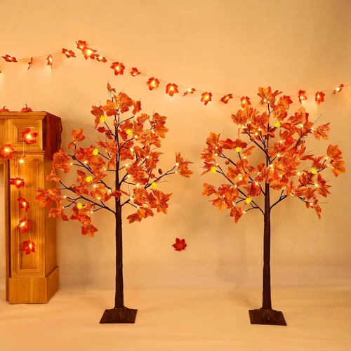 Miniatura 6 de Control remoto y temporizador, decoración de otoño, paquete de 2 unidades, árbol de arce artificial preiluminado de otoño de 4 pies para el hogar