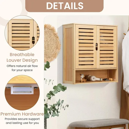 Miniatura 7 de Armario de almacenamiento de bambú montado en la pared con puerta, organizador de pared de baño con estantes, gabinete de almacenamiento colgante