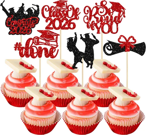 Miniatura 26 de Gyufise 24 piezas de decoración para cupcakes con purpurina para graduación 2026, decoración de pasteles para graduación 2026, decoración de Negro