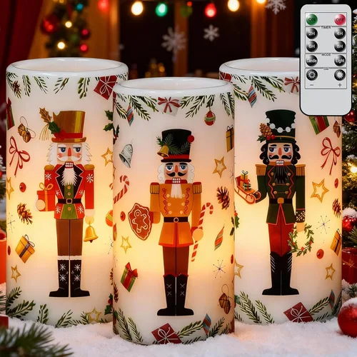 Velas de Navidad sin llama con forma de cascanueces con control remoto, velas LED en soporte de cera real, velas con batería para decoración de