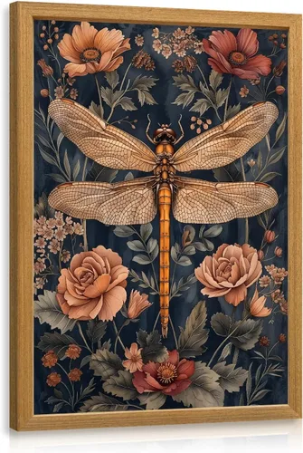 LLEEMPI William Morris - Arte de pared, decoración de pared floral de libélula vintage, pintura abstracta de lienzo de flores de insectos, impresión