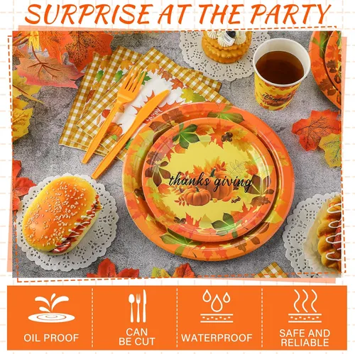 Miniatura 3 de Bokon 240 platos y servilletas de papel de Acción de Gracias, hojas de arce, calabaza, decoraciones de fiesta, otoño, desechables, incluye platos