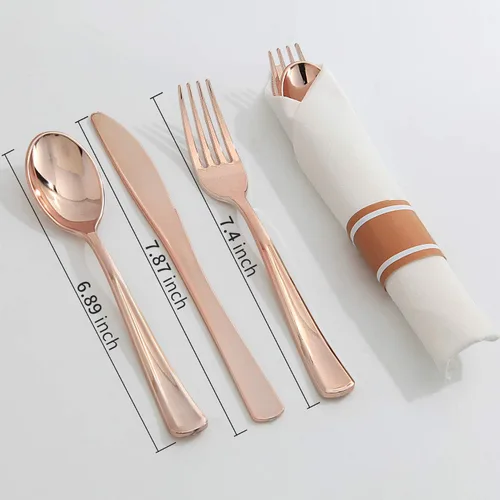 Miniatura 8 de Supernal Juego de 30 cubiertos de plástico de oro rosa, servilletas preenrolladas con cubiertos, cubiertos desechables con servilleta de lino de oro