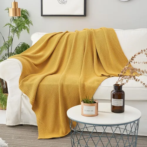 Miniatura 5 de Longhui bedding - Manta de punto trenzado de algodón amarillo mostaza para sofá cama, mantas de punto ligeras decorativas para el hogar con bolsa
