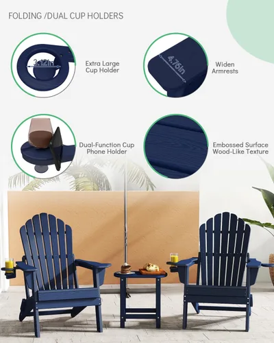 Miniatura 4 de Plawdlik Silla Adirondack plegable de gran tamaño, silla de patio HDPE para todo tipo de clima con 2 soportes para tazas, asiento ancho de respaldo