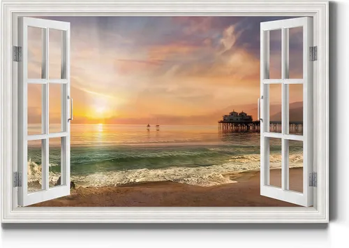 Miniatura 22 de Renditions Gallery Lienzo decorativo para pared, vista de barco viejo atracado en la playa de arena blanca, obra de arte para colgar en la pared