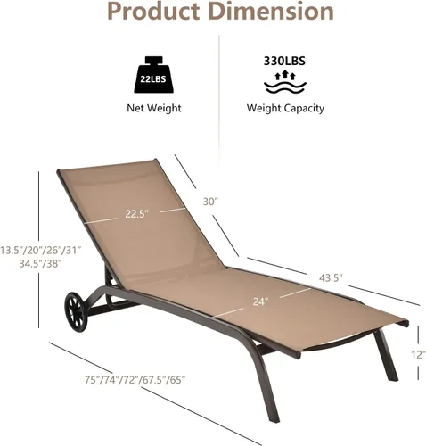 Miniatura 3 de Giantex Sillas de patio para zona de piscina, tumbona para exteriores con 6 posiciones ajustables, ruedas lisas y tela de secado rápido, sillón