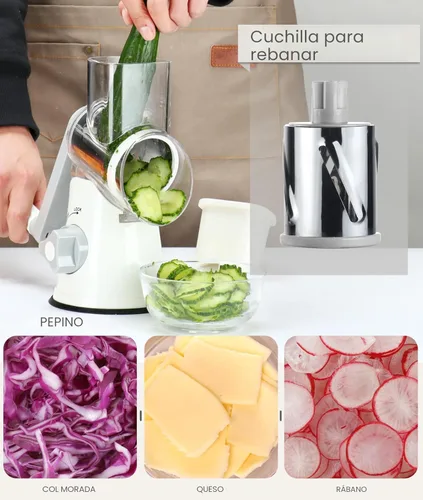Miniatura 3 de Ourokhome rallador giratorio de queso, triturador con 3 cuchillas de tambor, rebanador rápido y manual para frutos secos, con base con gran succión