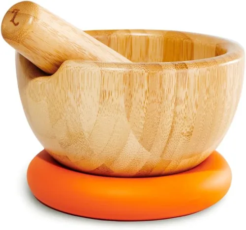 Miniatura 3 de Loisa Mortero y mortero de bambú con base de silicona Cuenco de mortero de 5.25 pulgadas Utensilios de cocina latina premium Amarillo