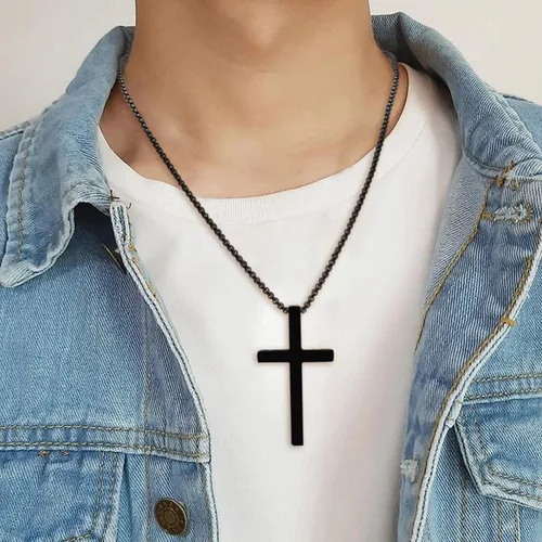 Miniatura 3 de Collar con dije de cruz cristiana para hombre de acero inoxidable chapado en oro o plata, o negro religioso y minimalista, para joyería de bautismo