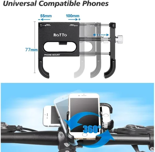 Miniatura 4 de ROTTO Soporte de teléfono para bicicleta, soporte para teléfono celular, todo de aluminio con rotación de 360 ° ajustable