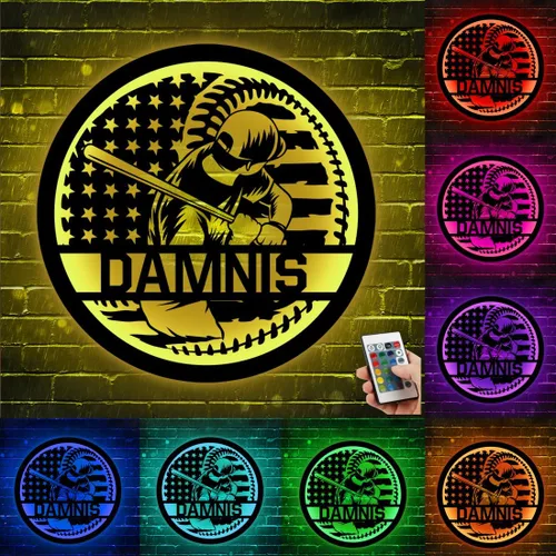 Miniatura 18 de Arte de Pared de Metal Personalizado de Béisbol con Bandera de EE.UU. con Luz LED, Letrero Personalizado con Nombre de Jugador de Sóftbol Americano