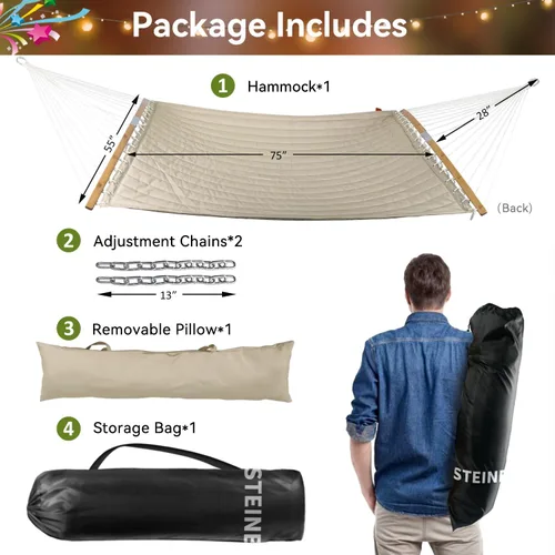 Miniatura 7 de Hamaca doble, hamaca de tela acolchada de 11 pies para 2 personas para exteriores con almohada, barra separadora curvada plegable, cadenas, bolsa