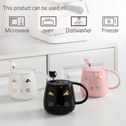 Miniatura 4 de Yuwu Taza de café con diseño de gato, regalo para los amantes de los gatos, taza de cerámica, taza novedosa con tapa y cuchara de acero inoxidable