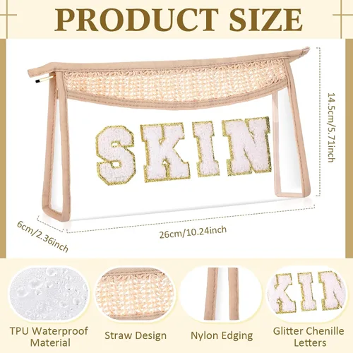 Miniatura 2 de Sanwuta Juego de 4 bolsas de maquillaje de parches de preparación – Diseño de letras de chenilla transparente – Nylon impermeable y TPU