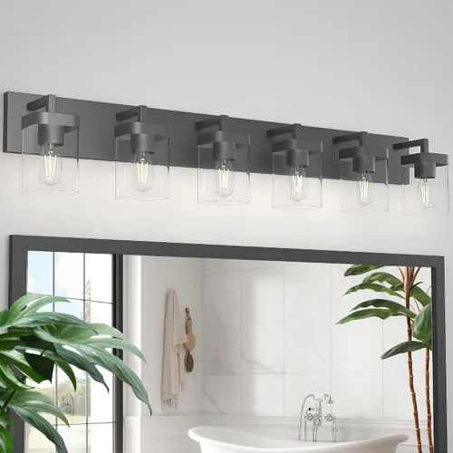 Miniatura 10 de Juego de 2 apliques de pared, diseño cuadrado, accesorios de iluminación de baño con pantalla de vidrio transparente, luces de pared negras mate