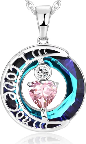 Miniatura 62 de Collares de cristal para mujer, regalos para aniversario de esposa, regalos de cumpleaños para mujeres, collar de zafiro azul con la frase "I Love