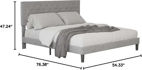 Miniatura 2 de Base de cama tapizada de tamaño matrimonial con cabecera de botón ajustable, base de colchón con soporte de listones de madera, no necesita somier