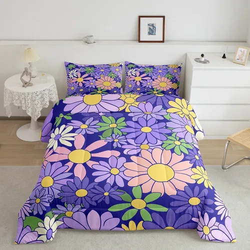 Miniatura 41 de Lindo juego de edredón de flores para niños y mujeres. Juego de ropa de cama de flores coloridas de dibujos animados, tamaño individual, bonito