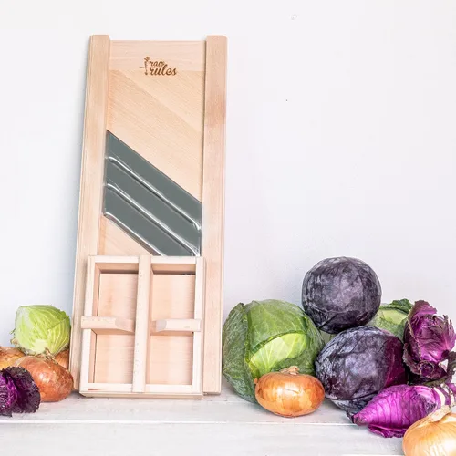 Miniatura 7 de Trituradora compacta de madera con protector de mano para chucrut y ensalada de col finamente cortados, madera de haya natural sin terminar