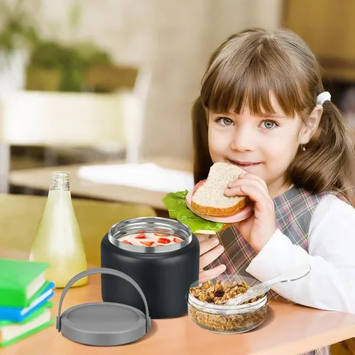 Miniatura 7 de Termo 2 en 1 para alimentos calientes con contenedor de bocadillos Tritan de 13.5 oz, tarro de alimentos aislado para almuerzo de niños, tarro