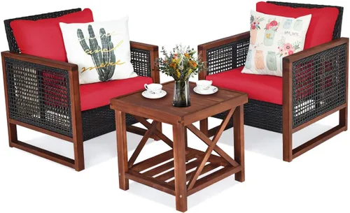 Tangkula Juego de muebles de mimbre de 3 piezas, juego de sofá de ratán para exteriores con cojín lavable y mesa de centro de madera de acacia, Rojo