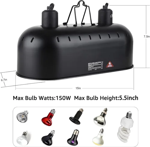 Miniatura 5 de DXOPHIEX Lámpara de doble reptil, lámpara de calor de reptil con bombilla de 150 W y emisor de calor de cerámica, lámpara de calor de doble cúpula