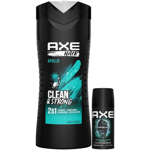 AXE Set de desodorante Apollo para el cuidado del cabello y viaje para hombre, champú 2 en 1 + acondicionador + mini desodorante en aerosol, aroma a