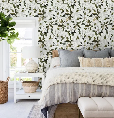 Miniatura 3 de HAOKHOME Papel tapiz floral para despegar y pegar, papel de pared extraíble Magnolia de vinilo blanco hueso, gris/verde, papel de contacto