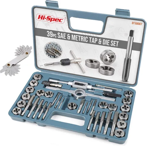 Hi-Spec Juego de 39 piezas SAE y métricas y troqueladoras M3 a M12 / #4 a 1/2 pulgadas Herramientas finas y gruesas para cortar, perseguir e roscar