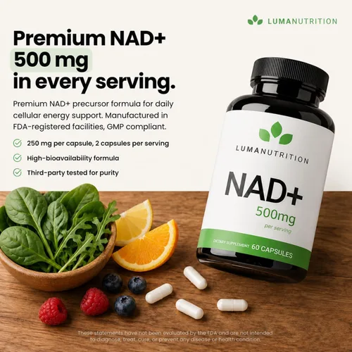 Miniatura 3 de Luma Nutrition Suplemento NAD+ de 500 mg por porción (250 mg por cápsula) – Envejecimiento más energía, metabolismo y apoyo celular – Suplementos