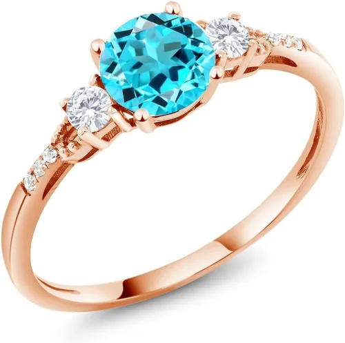 Miniatura 26 de Gem Stone King Anillo de compromiso de 3 piedras preciosas redondas de oro rosa de 10 quilates, 0.236 in, piedra natal, zafiro blanco y diamante