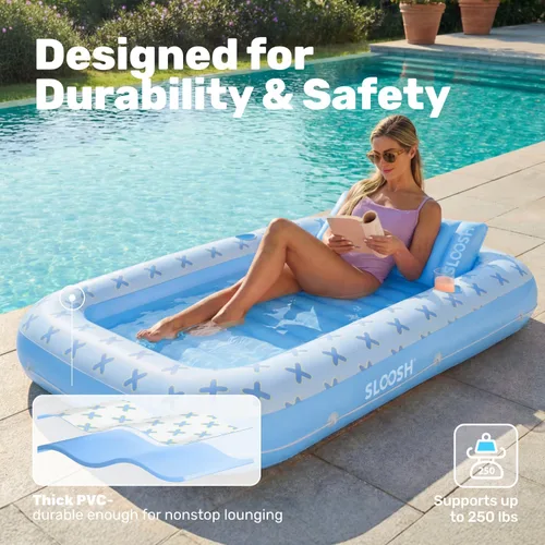 Miniatura 5 de SLOOSH Inflatable Tanning Pool Lounger Float, 70" x 46" Pool Floats Adult with Pillow, 4 in 1 Suntan Tub Raft Floatie,Sunbathing Bed Lounge for
