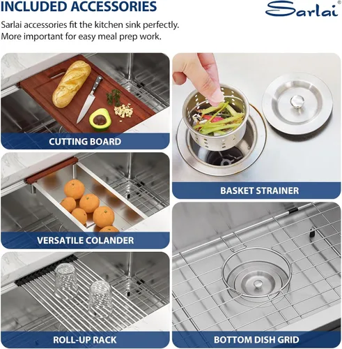 Miniatura 9 de Sarlai Fregadero Empotrado de 32 Pulgadas de Acero Inoxidable Fregaderos de Cocina Empotrados Estación de Trabajo Tazón Individual Calibre 16