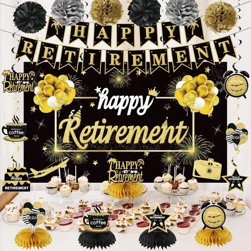 Miniatura 4 de Kit de decoración de fiesta de jubilación de 20 piezas para hombres y mujeres, Kuxriox negro y dorado, telón de fondo de jubilación, centro de mesa