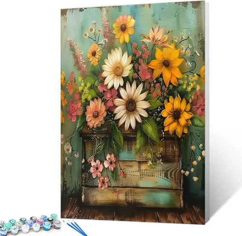Miniatura 42 de Tucocoo Kit de pintura de lavanda por números con pinceles y pigmento acrílico sobre lienzo para adultos, diseño rústico de ventanas, arte floral