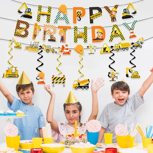 Miniatura 6 de Suministros para fiestas de cumpleaños de construcción, carteles de feliz cumpleaños, guirnalda de vehículos, camiones, 6 unidades, excavadora