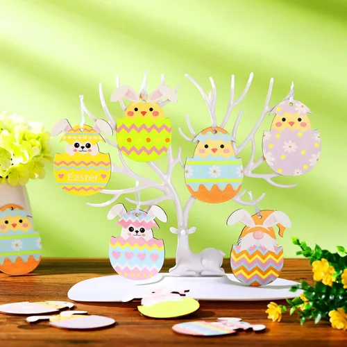 Miniatura 7 de Qunclay 40 piezas de adornos de Pascua, huevos de Pascua, huevos de Pascua, letreros colgantes para árbol, conejo, rebanadas de madera, recortes