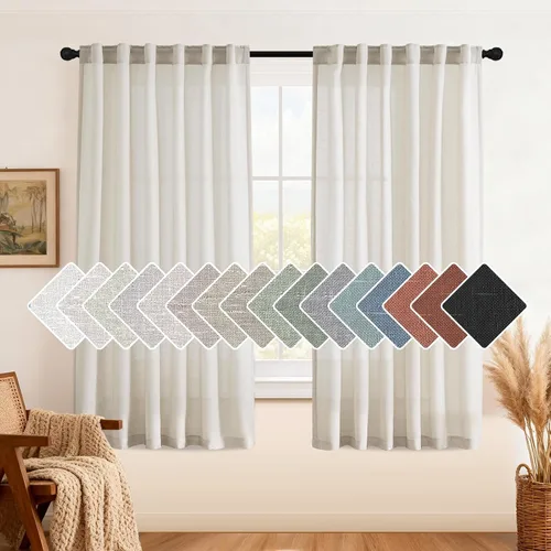Miniatura 15 de H.VERSAILTEX Cortinas de lino natural de 63 pulgadas de largo para sala de estar, 2 paneles con trabillas traseras y bolsillo, texturizadas