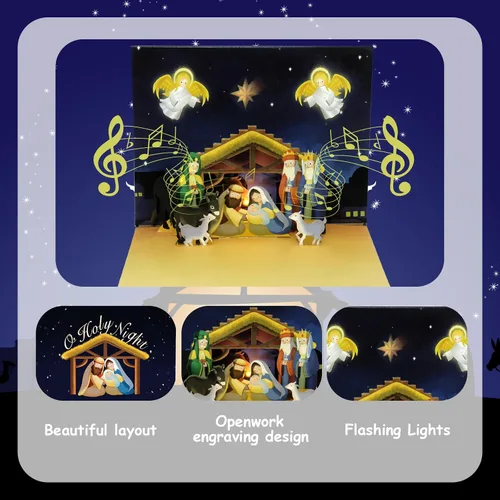 Miniatura 2 de Tarjeta de Navidad religiosa desplegable con luz y música, tarjeta de felicitación abierta Reproduce instantáneamente la canción clásica: Joy to the