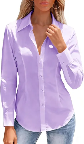 Miniatura 19 de Camisas con botones para mujer, camisa de vestir ajustada sin arrugas, blusa con cuello para trabajo, ropa de oficina, atuendo de otoño