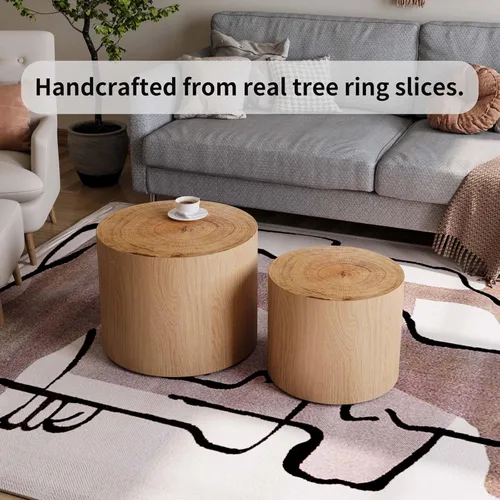 Miniatura 6 de Juego de 2 mesas auxiliares anidadas, mesa auxiliar redonda moderna y mesa auxiliar, mesa auxiliar circular de madera natural para sala de estar