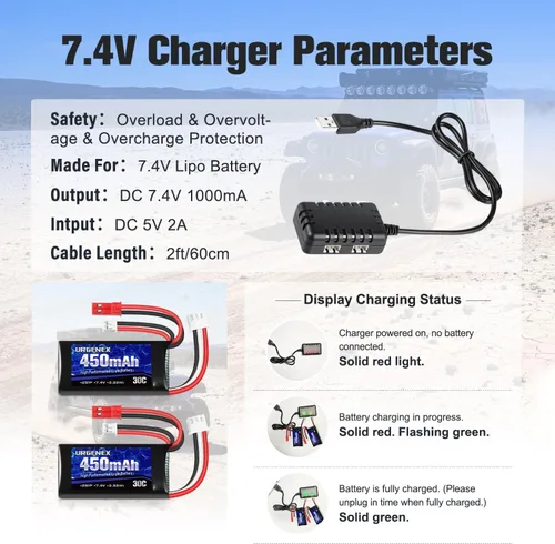 Miniatura 5 de 7.4V Lipo 2S 30C 450mAh Batería recargable Lipo con enchufe JST y PH2.0 SCX24 con cargador USB 1 a 2 Compatible con la mayoría de vehículos RC