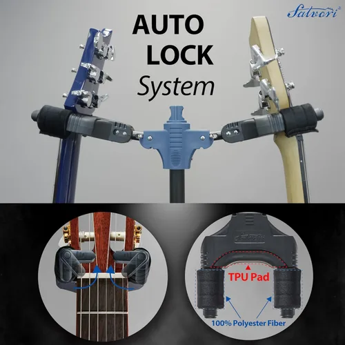 Miniatura 2 de Salvori Soporte plegable doble para guitarra con sistema de bloqueo automático y trípode sólido, soporte/soporte/estante doble/múltiple para bajo